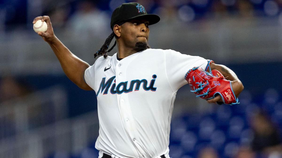 Miami Marlins pitcher Edward Cabrera (27) throws the ball during the third inning of an MLB game against the Washington Nationals at loanDepot park in the Little Havana neighborhood of Miami, Florida, on Wednesday, May 17, 2023.