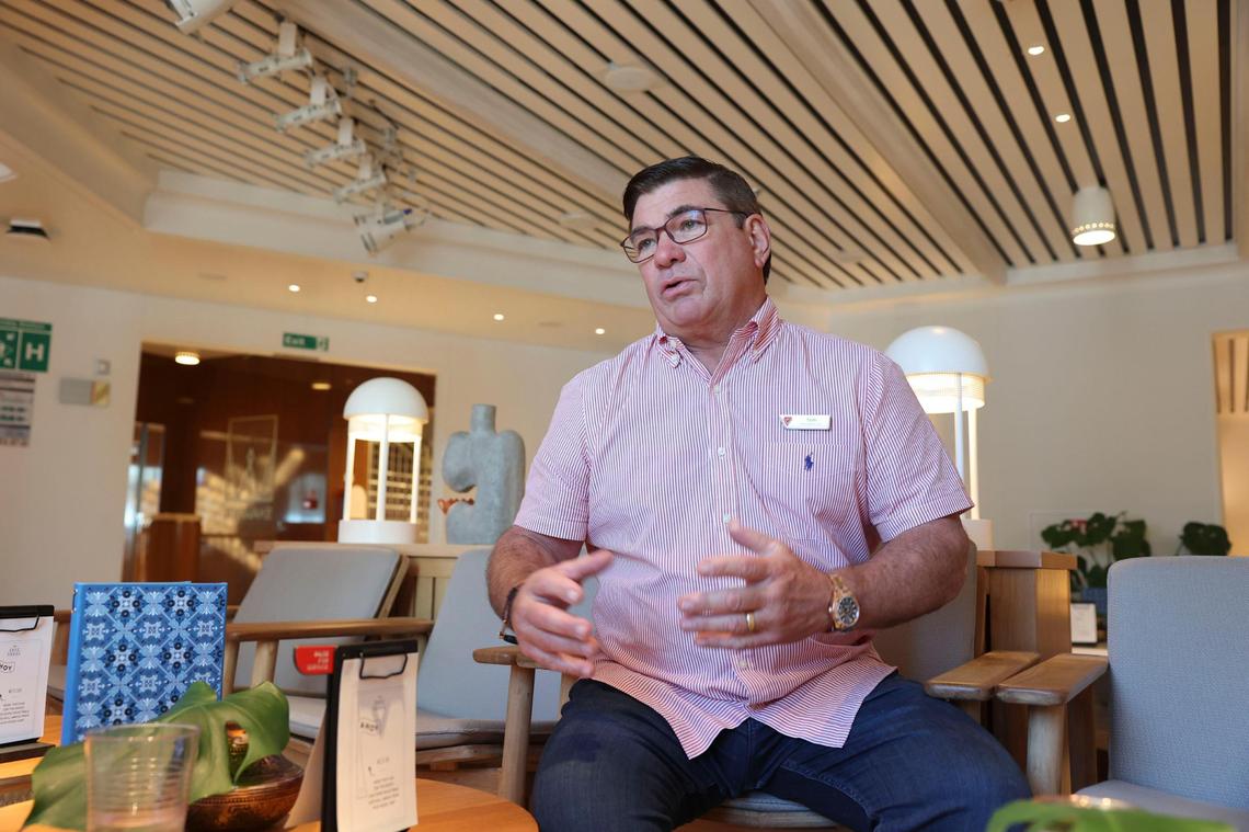 Tom McAlpin, CEO of Virgin Voyages, talks about the debut of Valiant Lady in Miami for the winter season, at the Dock house on the ship on Sunday, Oct. 30, 2022, at Port Miami.