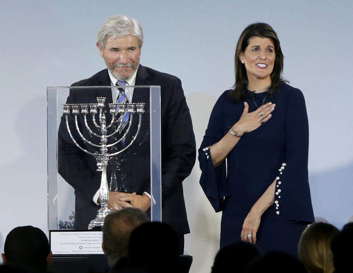 Jacob Solomon, President/CEO at Greater Miami Jewish Federation, stands next to former U.N. Ambassador Nikki Haley, who was honored by the Greater Miami Jewish Federation with the 2019 Friend of Israel Humanitarian Award at The Main Event before a sold-out crowd of more than 1,300 people at the Hilton Hotel in Miami on Tuesday Feb. 12, 2019.