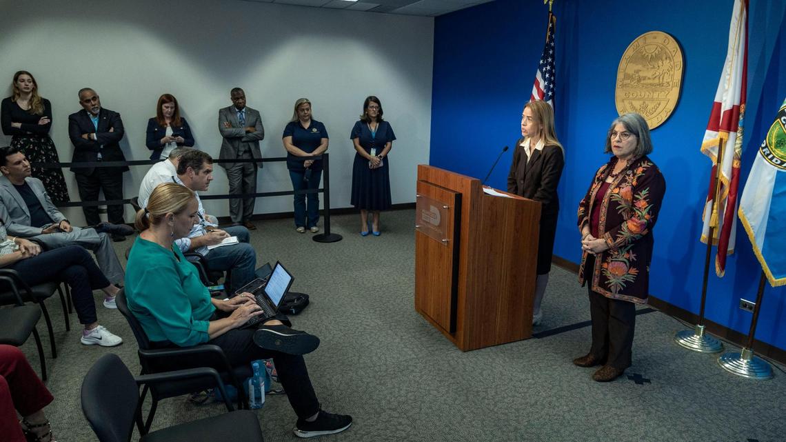 Miami-Dade Mayor Daniella Levine Cava, right, and Commissioner Raquel Regalado, at the podium,, speak to reporters during a press conference on Thursday’s lease termination for the Miami Seaquarium and a demand the marine theme park vacate its county premises no later than April 21.