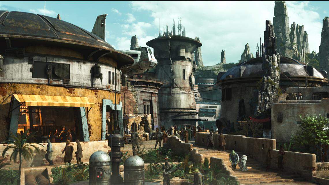 A rendering of Black Spire Outpost, the village in Star Wars: Galaxy’s Edge, expected to open in late 2019 at Disney’s Hollywood Studios.