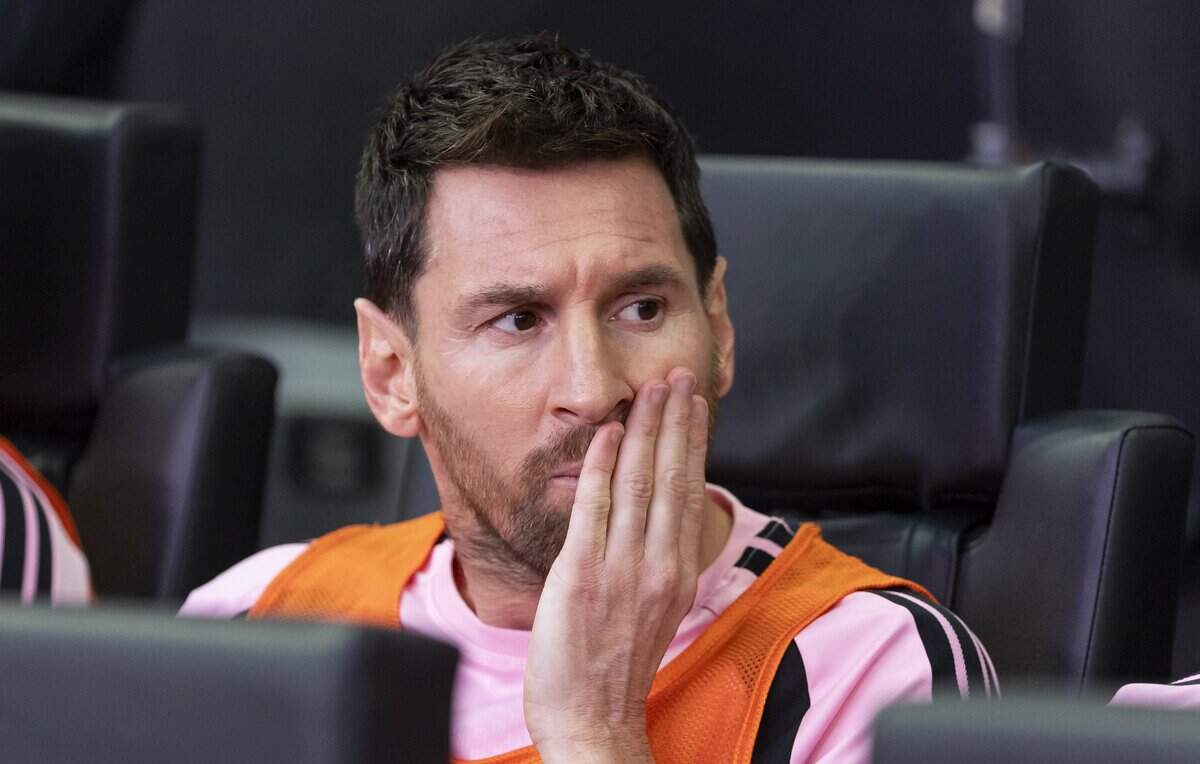 Inter Miami forward Lionel Messi (10) looks on from the bench before his team's Leagues Cup 2026 soccer match against León at Nu Stadium on Wednesday, Aug. 12, 2026, in Miami, Fla.