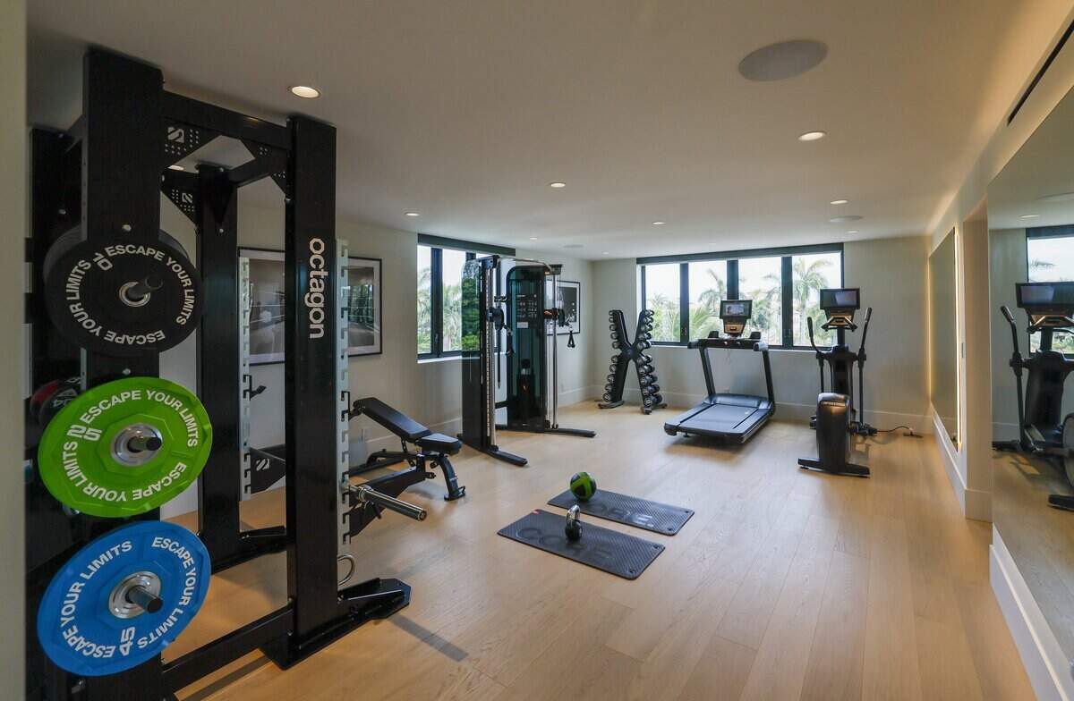 The gym inside The Mansions, an exclusive 2.5-acre enclave of newly built, freestanding mega-mansions on Fisher Island on Miami Beach, Florida, on Wednesday, June 10, 2026.