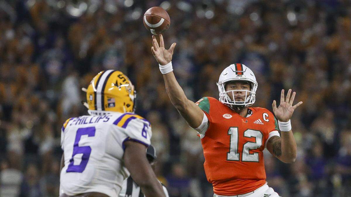 Miami Hurricanes quarterback Malik Rosier (12) passes against the LSU Tigers during the AdvoCare Classic at AT&T Stadium, Arlington, Texas on Sunday, September 2, 2018.