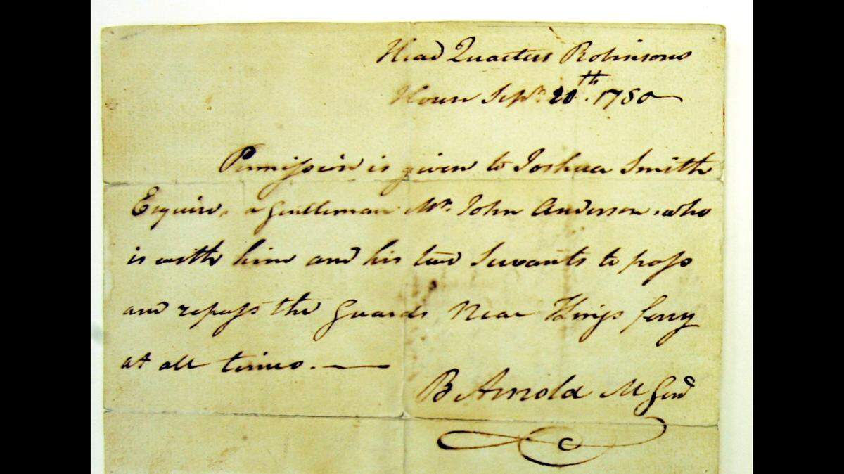 A handwritten pass dated Sept. 20, 1780,  that Maj. Gen. Benedict Arnold scrawled for Joshua Smith and John Anderson — AKA John Andre, a British spy, which allowed them to pass by guards, from the New York State Archives.