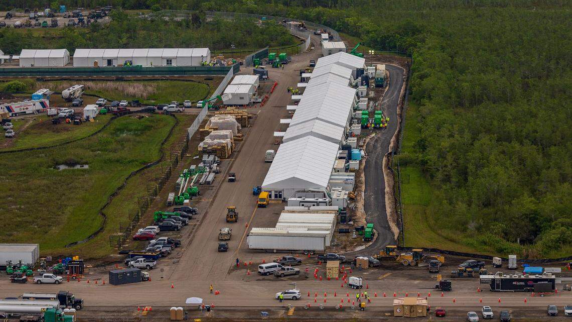 Aerial view of structures including gigantic tents built at the recently opened migrant detention center, “Alligator Alcatraz,” located at the site of the Dade-Collier Training and Transition Airport in Ochopee, Florida on Friday July 04, 2025.