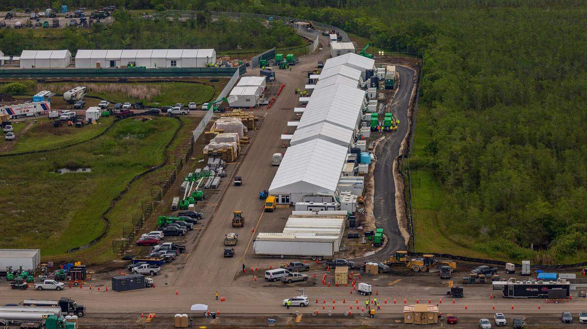Aerial view of structures including gigantic tents built at the recently opened migrant detention center, “Alligator Alcatraz,” located at the site of the Dade-Collier Training and Transition Airport in Ochopee, Florida on Friday July 04, 2025.