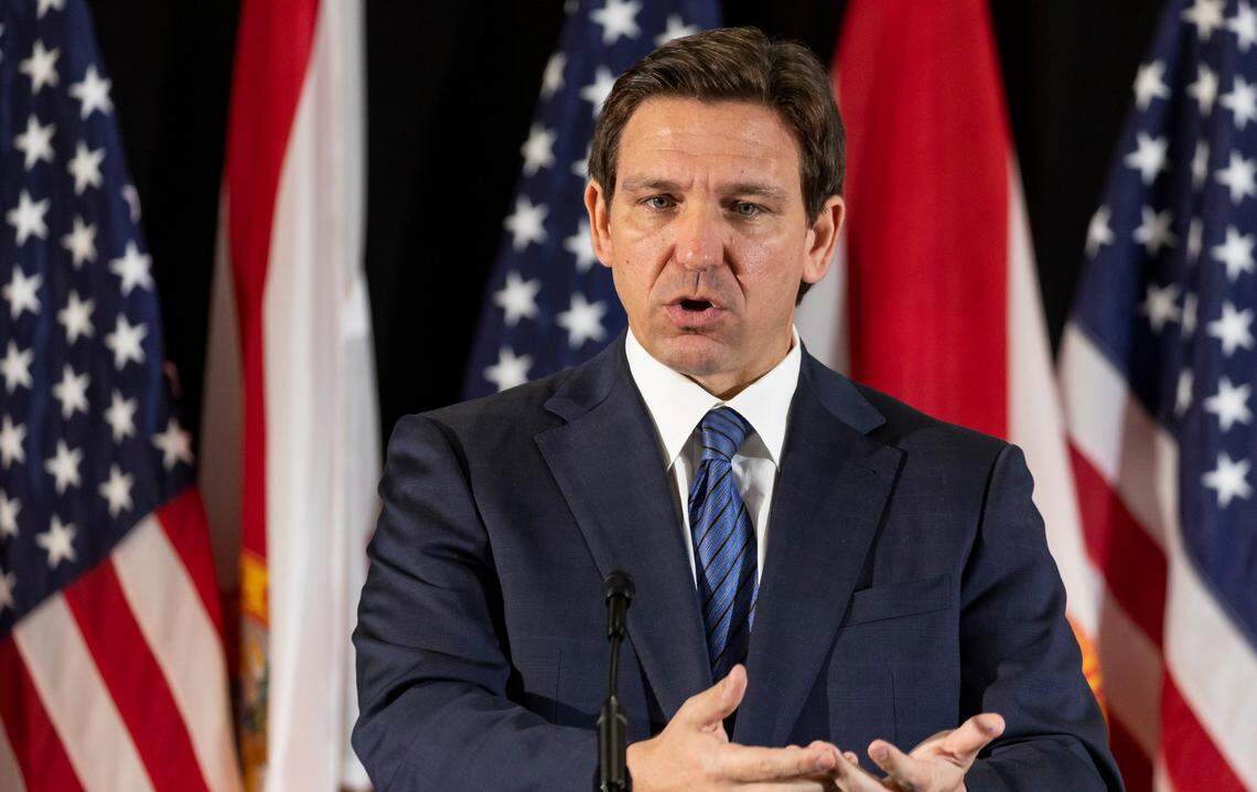 Florida Gov. Ron DeSantis during a press conference at Christopher Columbus High School March 27 in Miami.
