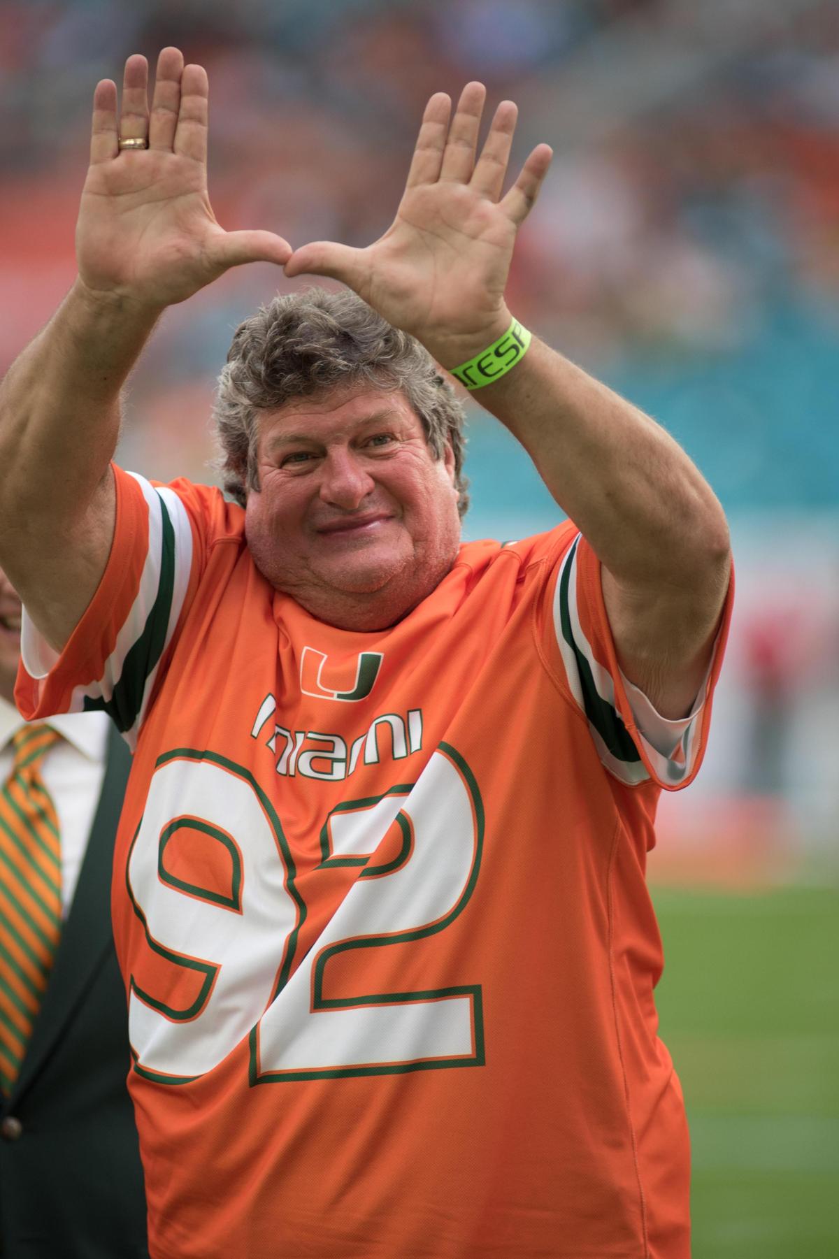 10 September 2016: Former Pittsburgh Steeler and Miami Hurricanes star Gary Dunn on the field prior to a game between the FAU Owls and the Hurricanes at Hard Rock Stadium in Miami Gardens, Florida. (Photo by Michele Sandberg/Icon Sportswire) (Icon Sportswire via AP Images)