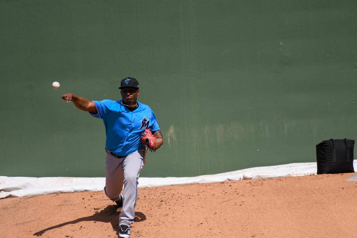 Miami Marlins pitcher Sixto Sanchez warms up in the bullpen before a spring training game against the Houston Astros on Monday, March 15, 2021, at the Ballpark of the Palm Beaches in West Palm Beach, Florida.
