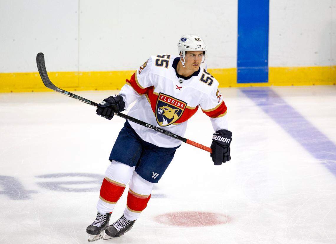 Florida Panthers center Noel Acciari (55) skates during warmups before the start of the first training camp scrimmage in preparation for the 2021 NHL season at the BB&T Center on Thursday, January 7, 2021 in Sunrise.