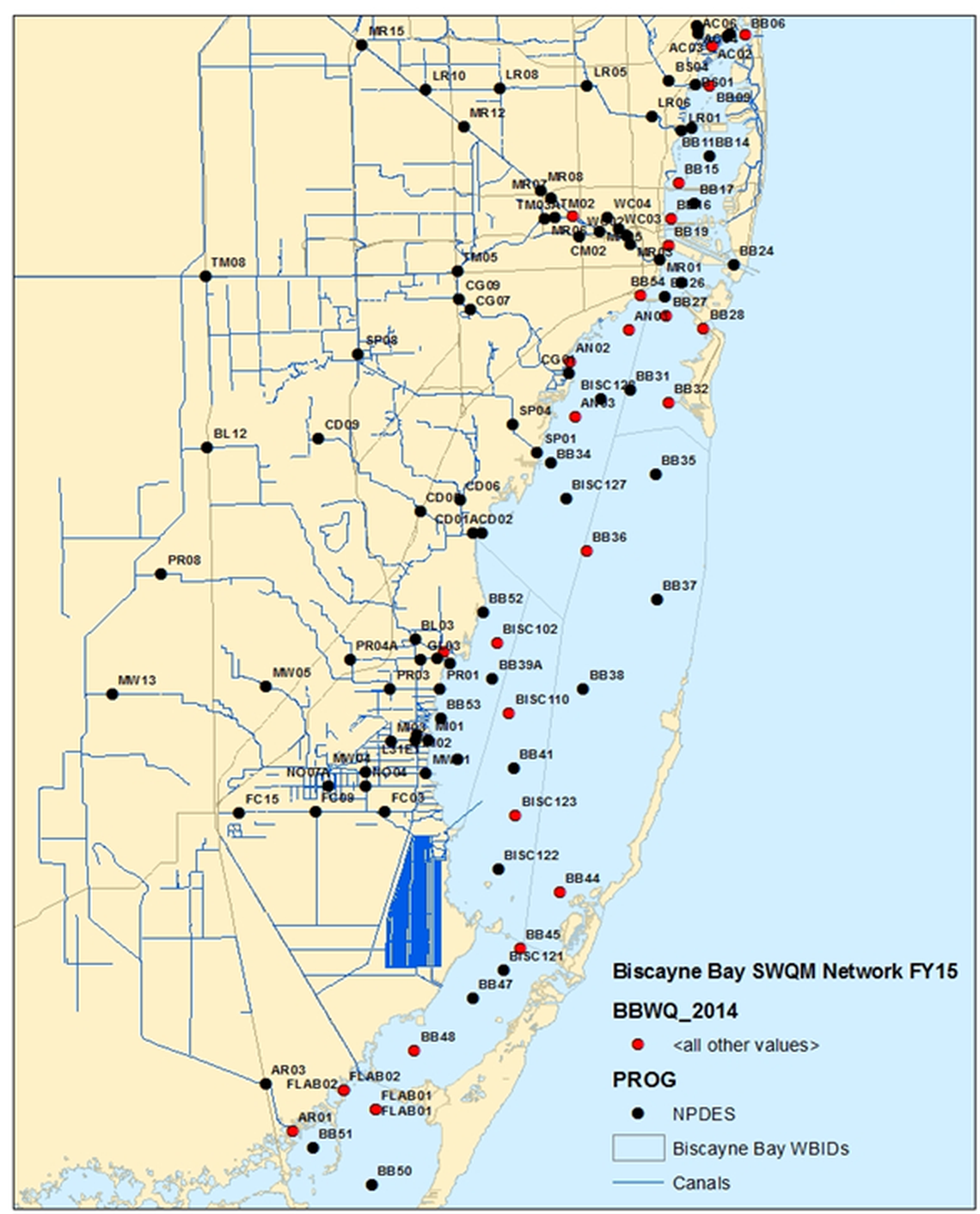 In 2014, the South Florida Water Management District cut funding to pay for stations in Biscayne Bay shown in red.