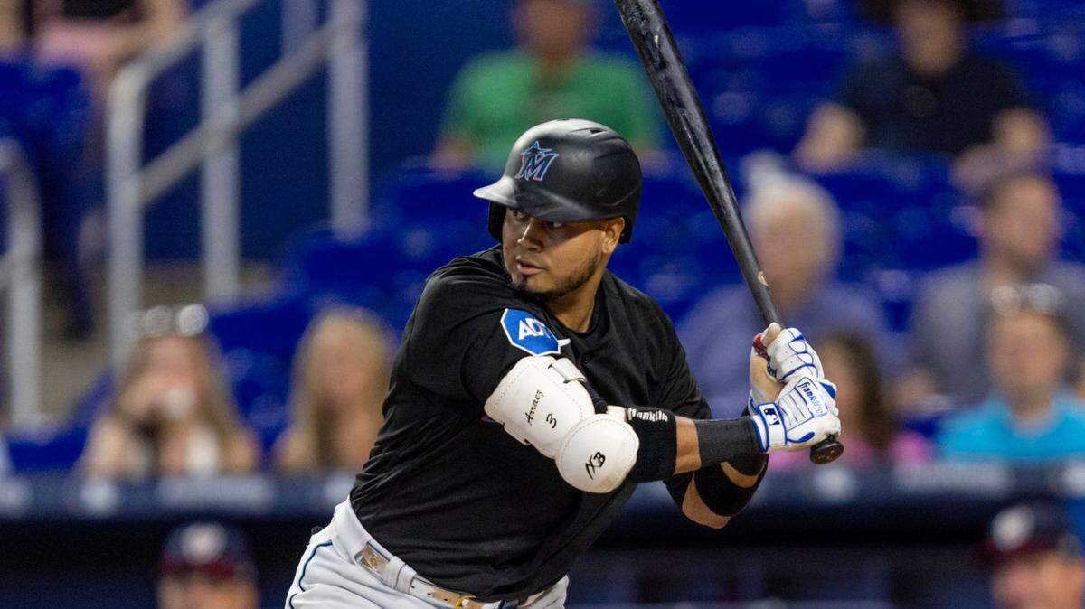 Miami Marlins batter Luis Arraez (3) waits for the pitch during the first inning of an MLB game against the Washington Nationals at loanDepot park in the Little Havana neighborhood of Miami, Florida, on Thursday, May 18, 2023.