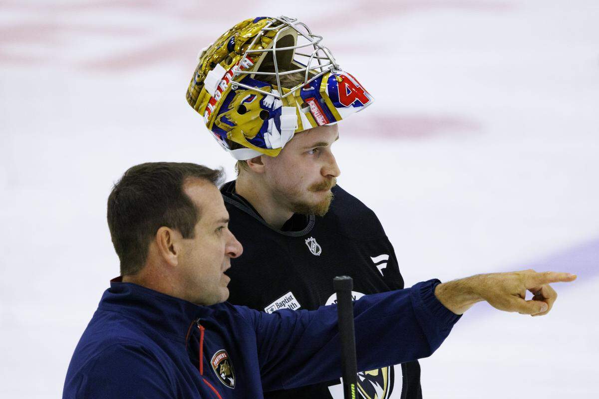 Goaltender Daniil Tarasov (40) talks to Goaltending Coach Robb Tallas during the first practice of Florida Panthers training camp on Thursday, Sept. 18, 2025, at Baptist Health IcePlex in Fort Lauderdale, Fla.