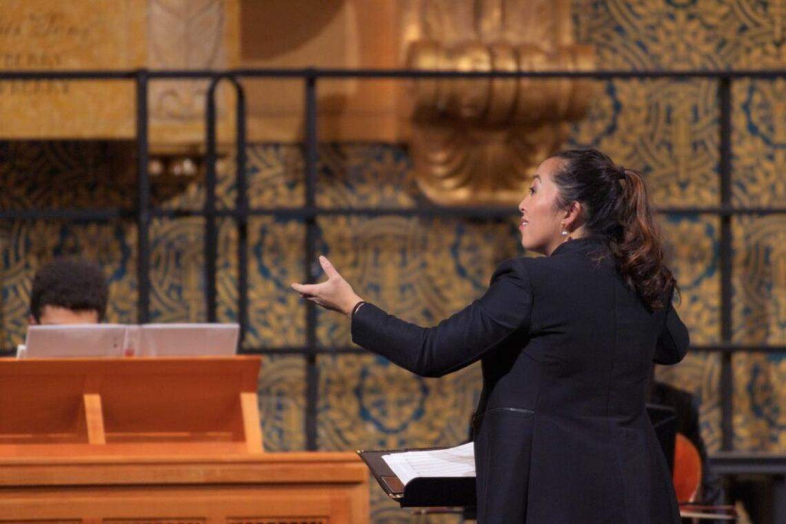 Arianne Abela conducting her group Kaleidoscope during a residency at Yale. Abela will guest conduct Seraphic Fire in four concerts from Thursday, March 19 through Sunday, March 22.
