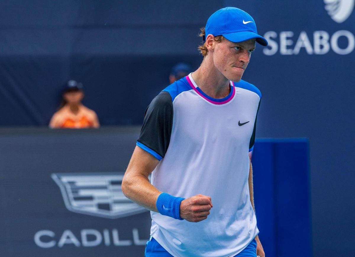 Jannik Sinner, of Italy reacts as he scored against Christopher O’Connell, of Australia during the men’s single 4th round at the Miami Open tennis tournament, on Tuesday, March 26, 2024.