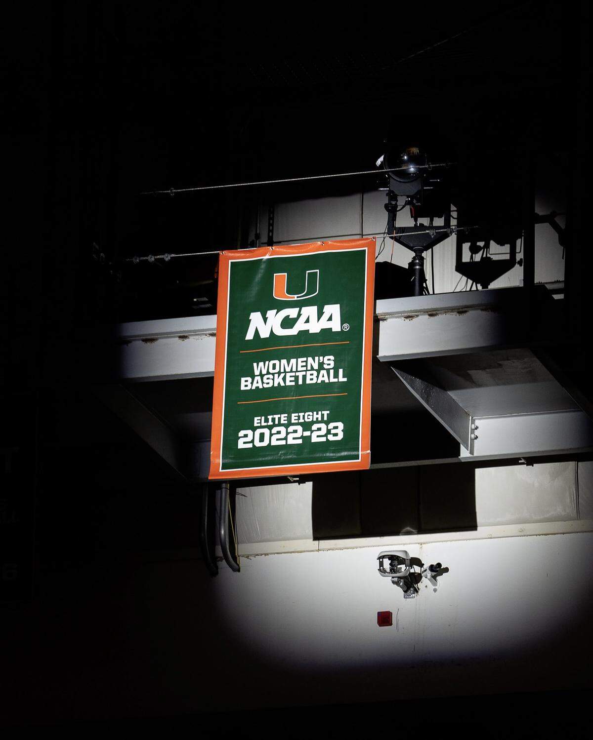 The Miami Hurricanes’ 2022-23 Elite Eight banner, the first in school history, was unveiled on Nov. 12, 2023 before the game against Fordham at the Watsco Center.