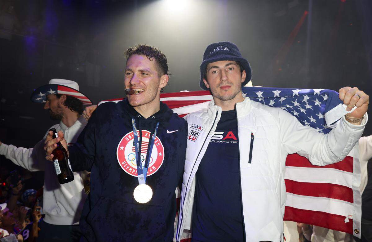 MIAMI, FLORIDA - FEBRUARY 23: Matthew Tkachuk and Zach Werenski attend a celebration of the USA Men's Hockey Team's Olympic Gold at E11EVEN Miami on February 23, 2026 in Miami, Florida.  (Photo by Alexander Tamargo/Getty Images for E11EVEN Miami)