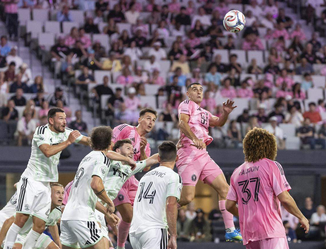 Inter Miami CF forward Germán Berterame (19) goes for a header against Austin FC in the second half of their MLS match at Nu Stadium in Miami Freedom Park on Saturday, April 4, 2026, in Miami, Fla.
