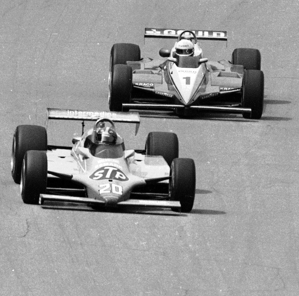 Gordon Johncock leads pole-sitter Rick Mears  down the front straightaway into turn one during the closing laps of the 1982 Indianapolis 500. Johncock held Mears off on the final lap to win the race by just 16-hundredths of a second ahead of Mears.