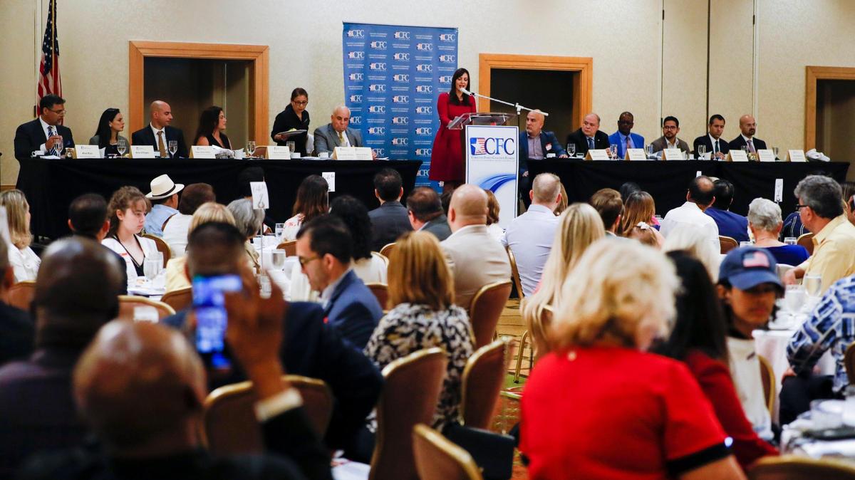Lt. Gov. Jeanette Nuñez speaks to a conservative audience as they celebrate the U.S. Supreme Court’s ruling overturning Roe v. Wade during the Miami-Dade Legislative Victory & Candidates Breakfast at the Intercontinental Hotel in Doral, Florida, Saturday, June 25, 2022.