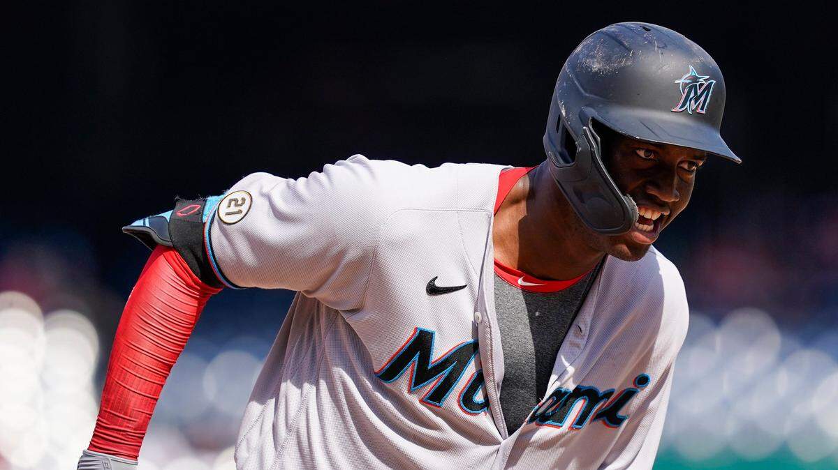 Miami Marlins’ Jesus Sanchez celebrates as he runs the bases after hitting a two-run homer during the sixth inning of a baseball game against the Washington Nationals at Nationals Park, Wednesday, Sept. 15, 2021, in Washington. (AP Photo/Alex Brandon)
