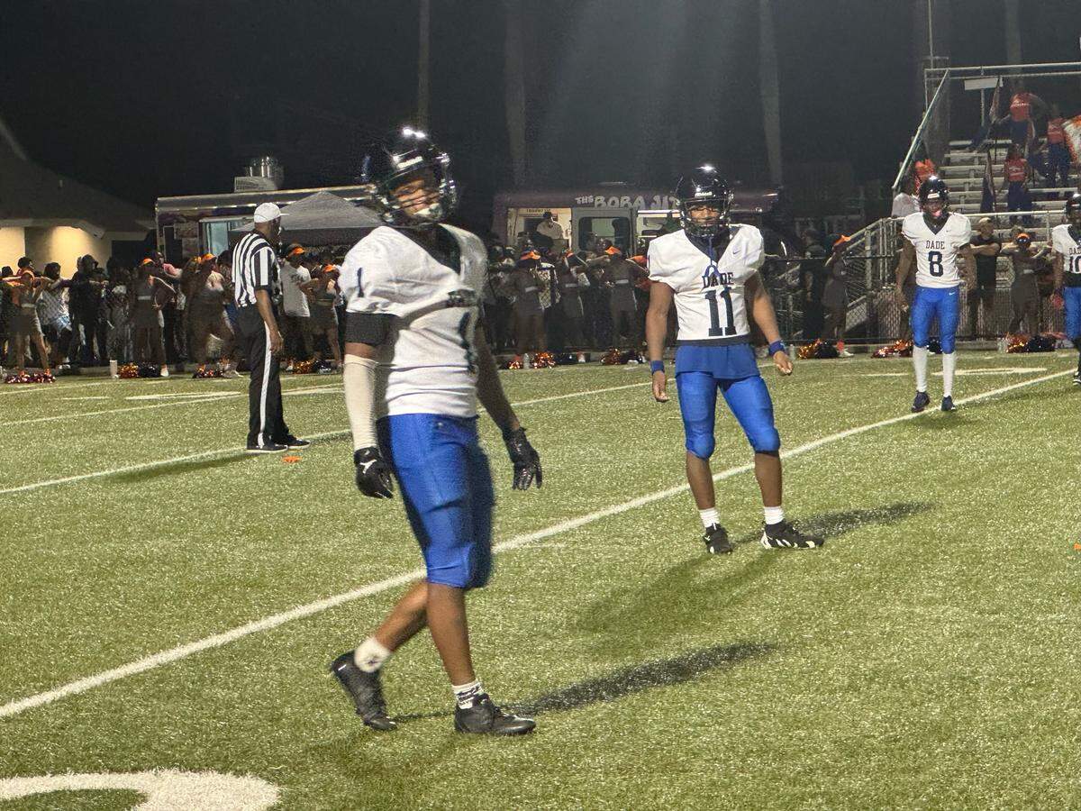 Willie White (1) and Montr’Ey Jackson (11) each played key roles in South Dade’s 14-7 win over Homestead on Friday night at Harris Field in Homestead, Fla.