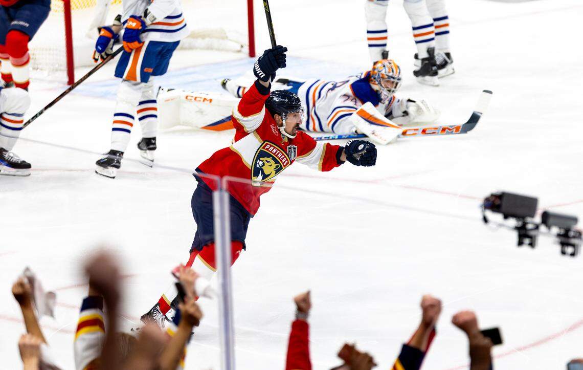 Florida Panthers center Brad Marchand (63) reacts after scoring a goal against the Edmonton Oilers during the first period of Game 3 in the NHL Stanley Cup Final series at Amerant Bank Arena on Monday, June 9, 2025, in Sunrise, Fla.