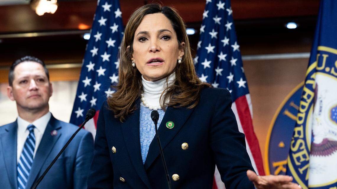 U.S. Rep. Maria Elvira Salazar speaking at a Congressional Hispanic Conference press conference in 2023.