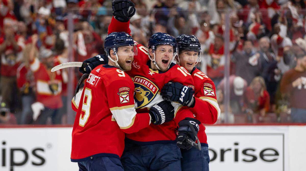Florida Panthers right wing Vladimir Tarasenko (10) celebrates with his teammates after scoring a goal against the Tampa Bay Lightning in the first period in Game 2 of the first-round of the 2024 Stanley Cup Playoffs at Amerant Bank Arena on Tuesday, April 23, 2024, in Sunrise, Fla.