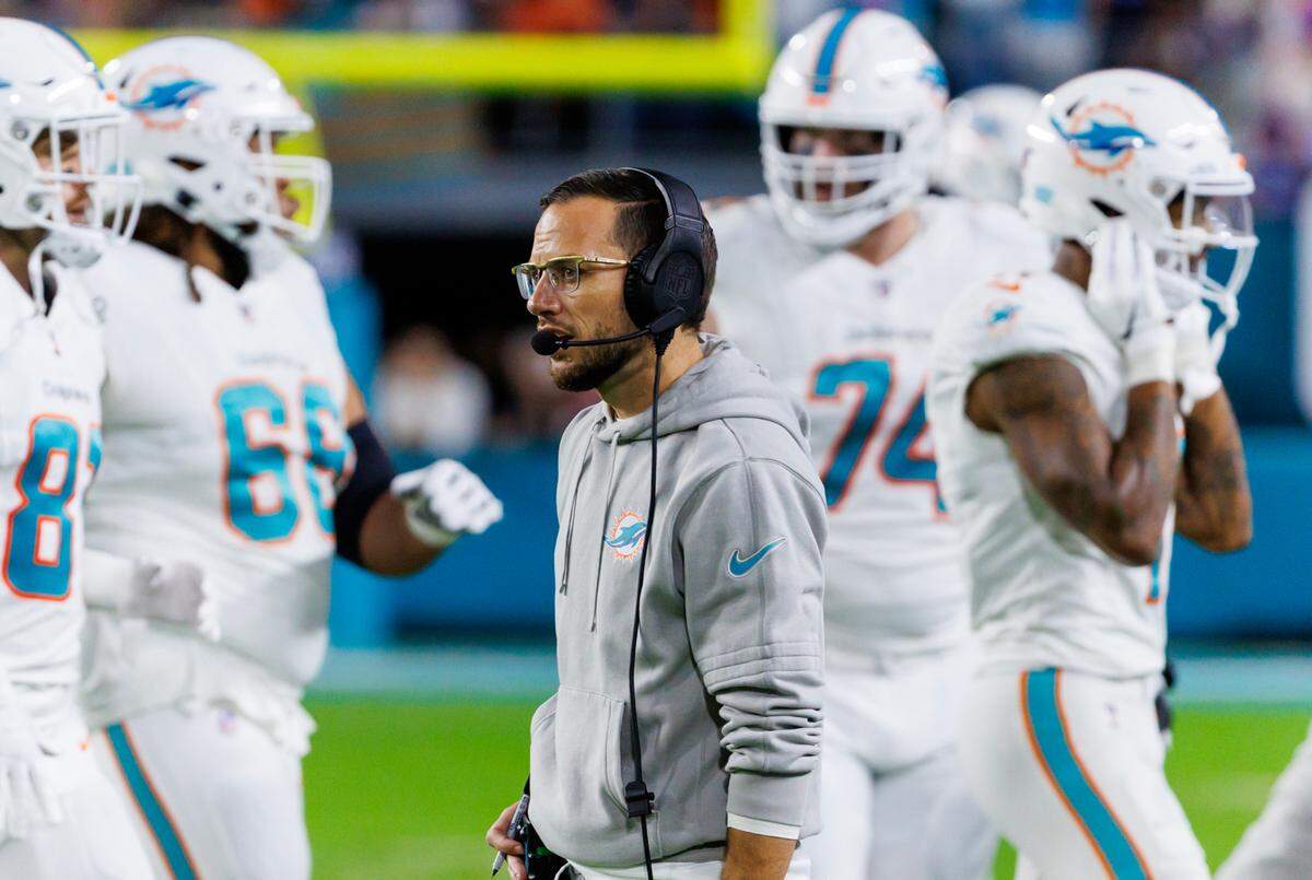 Miami Dolphins head coach Mike McDaniel looks on during first half of an NFL football game against the Buffalo Bills at Hard Rock Stadium on Sunday, Jan. 7, 2024 in Miami Gardens, Fl.