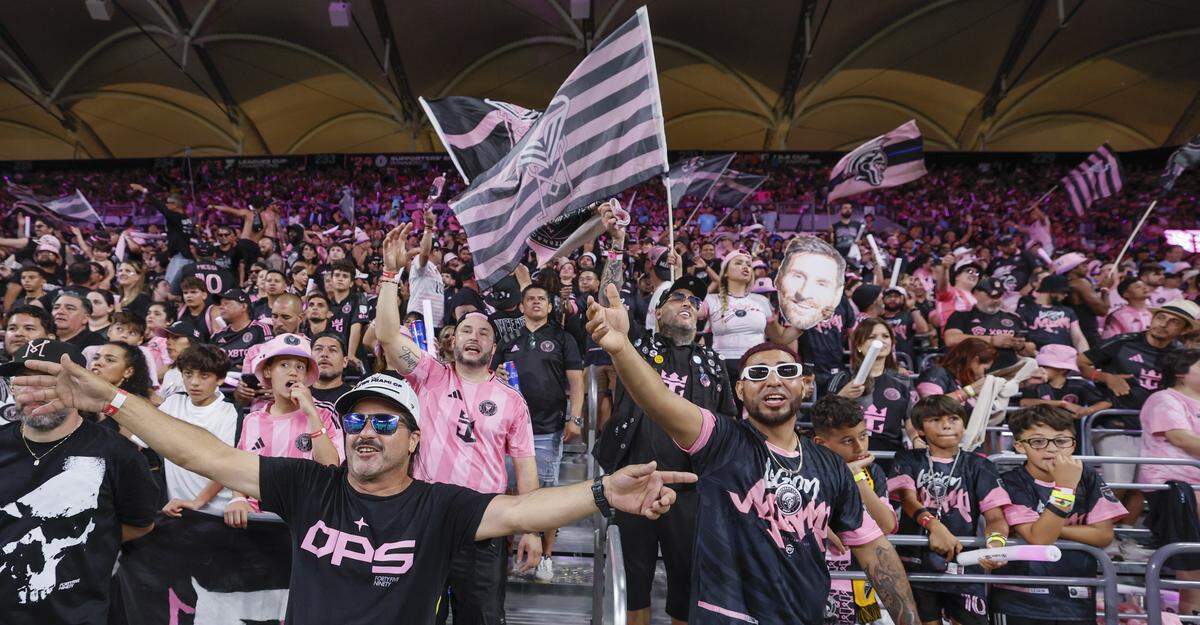 Inter Miami CF Fans cheer for their team as they play against Austin FC in their first-ever MLS soccer match at Nu Stadium in Miami Freedom Park on Saturday, April 4, 2026, in Miami, Florida,