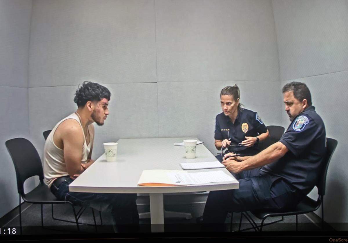 The police interrogation video of Jason Banegas after the shooting of Hollywood Police Officer Yandy Chirino is played in court during his sentencing trial before Judge Ernest Kollra on Tuesday, Dec. 2, 2025. Banegas pleaded guilty in October 2025 to the 2021 shooting death of Hollywood Police Officer Yandy Chirino. 
