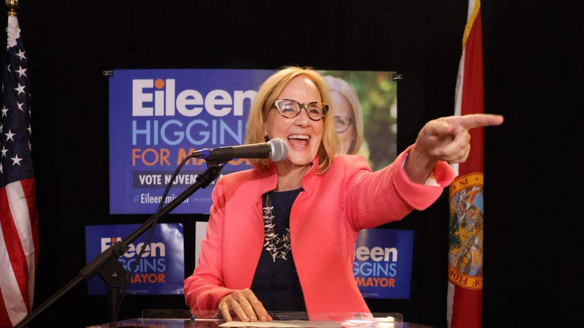 Mayoral candidate Eileen Higgins, points as she thanks her staff and supporters advancing to a runoff during her election watch party at the Yotel in downtown Miami, Florida on election night Tuesday, November 4, 2025.