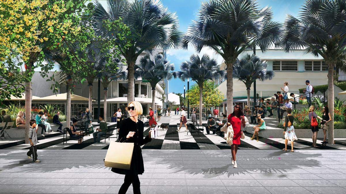 An architectural rendering shows an amphitheater-like performance space with riser seating at the right that is part of a long-delayed renovation of Lincoln Road Mall now under way. In the background at center is a pedestrianized block of Drexel Avenue that’s part of the plan.