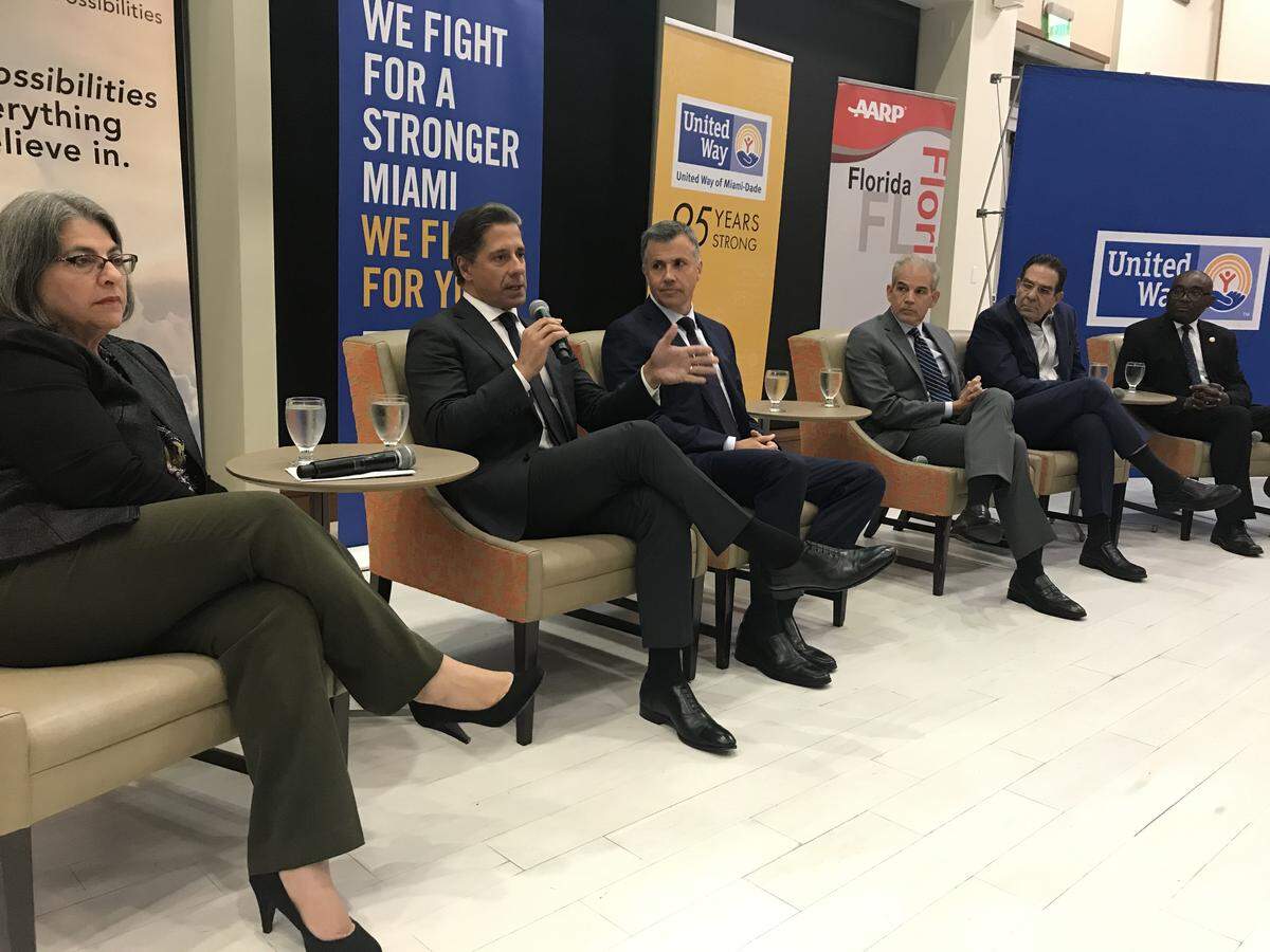 Miami-Dade schools superintendent Alberto Carvalho speaks at a forum on the needs of elderly residents on Dec. 10, 2019, at the University of Miami. He’s joined by five 2020 candidates for county mayor. From left: Daniella Levine Cava, Juan Zapata, Alex Penelas, Xavier Suarez and Jean Monestime.