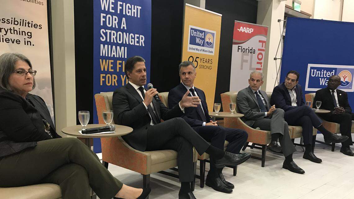 Miami-Dade schools superintendent Alberto Carvalho speaks at a forum on the needs of elderly residents on Tuesday, Dec. 10, 2019, at the University of Miami. He’s joined by five 2020 candidates for county mayor, from left: Daniella Levine Cava, Juan Zapata, Alex Penelas, Xavier Suarez and Jean Monestime.