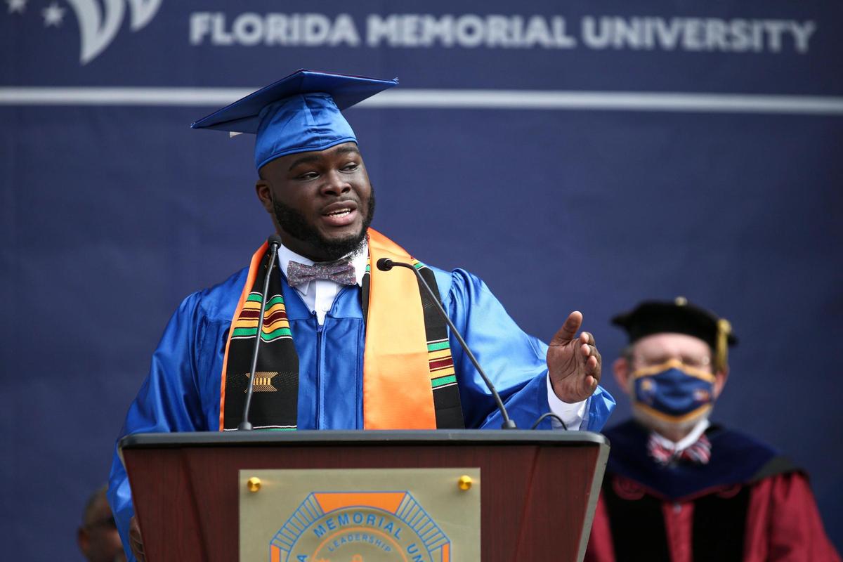 Zion Gates-Norris, outstanding student at Florida Memorial University, speaks to a crowd of fellow graduating students part of the class of 2020 and 2021 during a joint commencement at the FMU campus in Miami Gardens, Florida on Saturday, May 8, 2021.