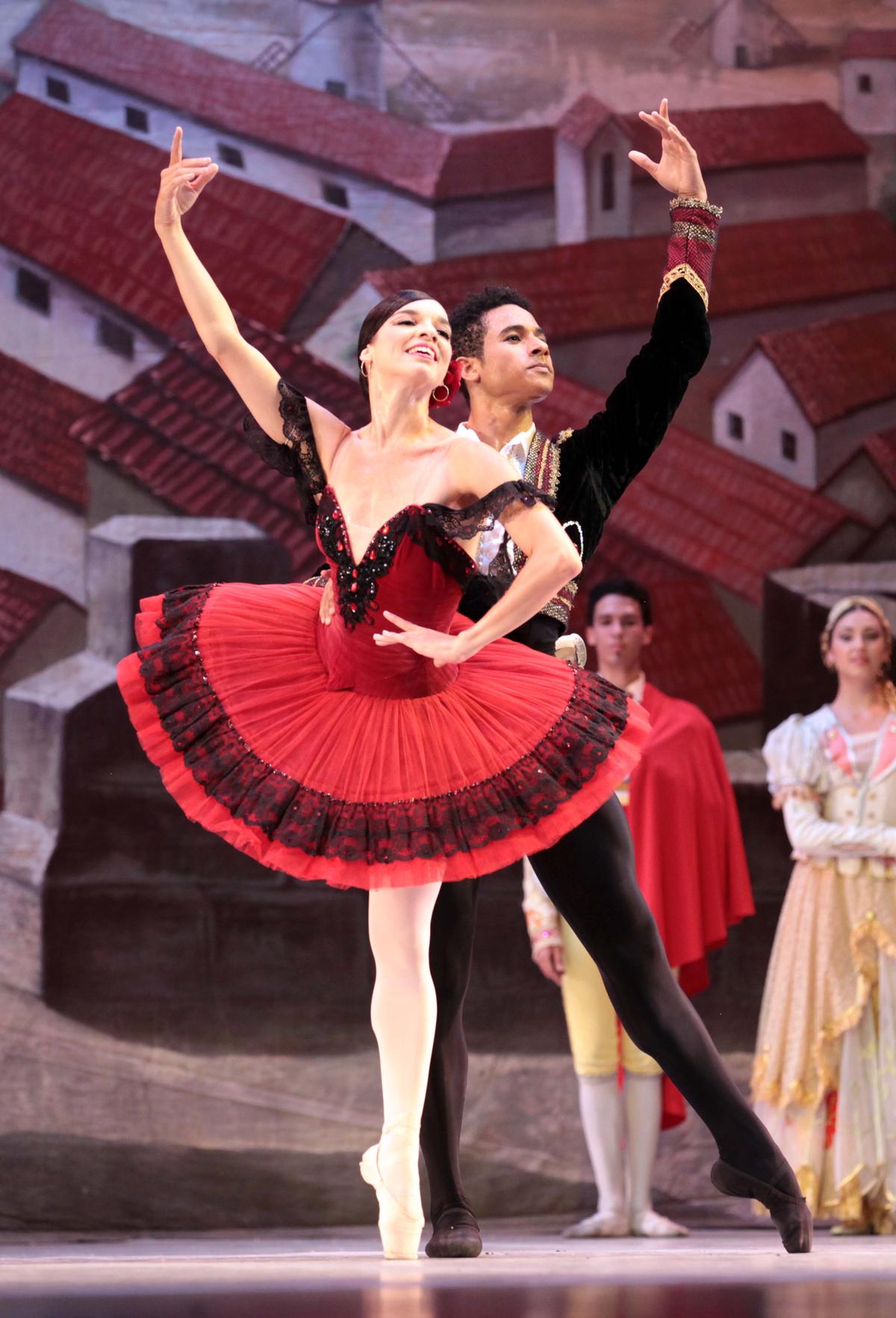 Vingsay Valdes, left, and Patricio Reve dance in a Ballet Nacional de Cuba performance of Don Quixote. The company will perform both Don Quixote and Giselle at the Kennedy Center.