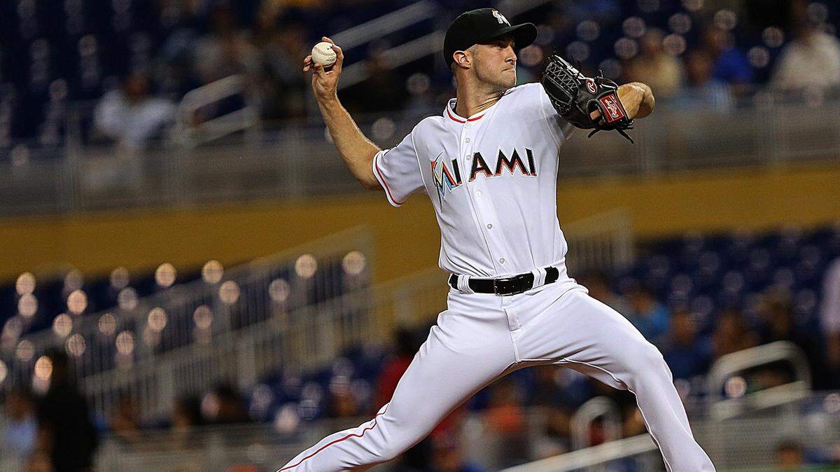 Marlins’ starting pitcher #63 Trevor Richards throws a pitch in the first inning as the Miami Marlins host the Philadelphia Phillies  on Tuesday, September 4, 2018.