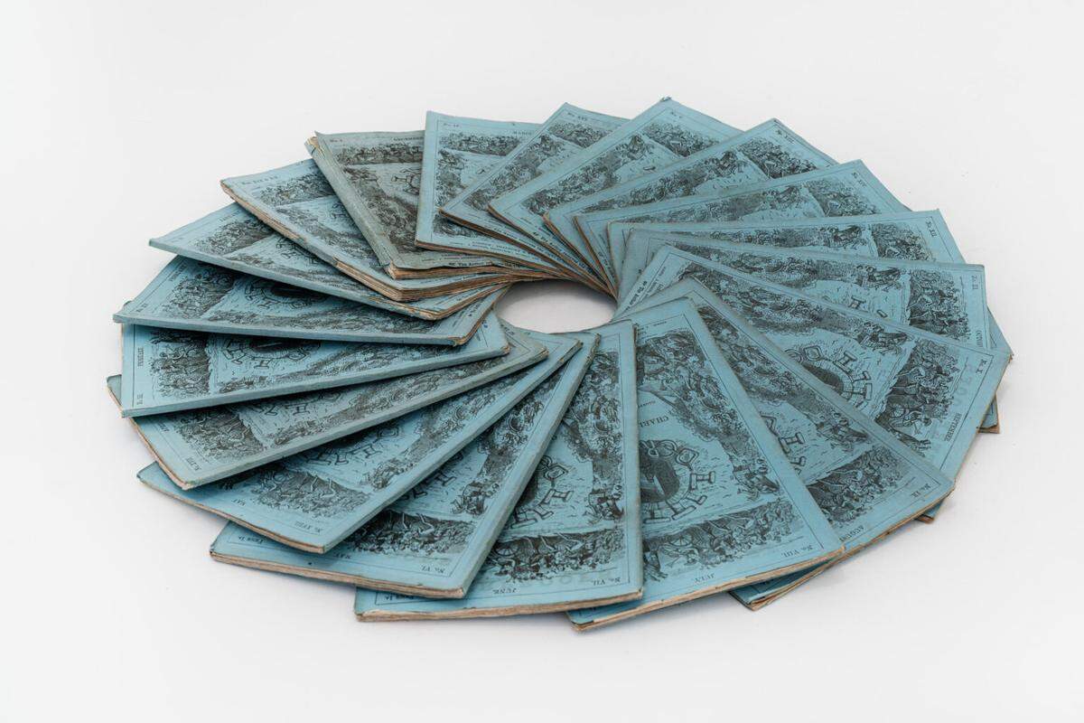In 1865, Charles Dickens released a “serial” paperback. The original 19 limited editions make up “Untitled (“Charles Dickens),” 2023.