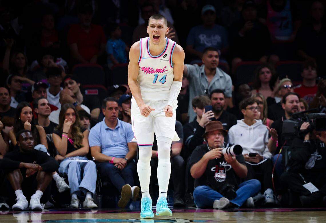 Miami Heat guard Tyler Herro (14) screams after the heat score a three pointer during the second half of a game on Thursday, March 27, 2025, at the Kaseya Center in downtown Miami, Fla. The Miami Heat won 122-112.