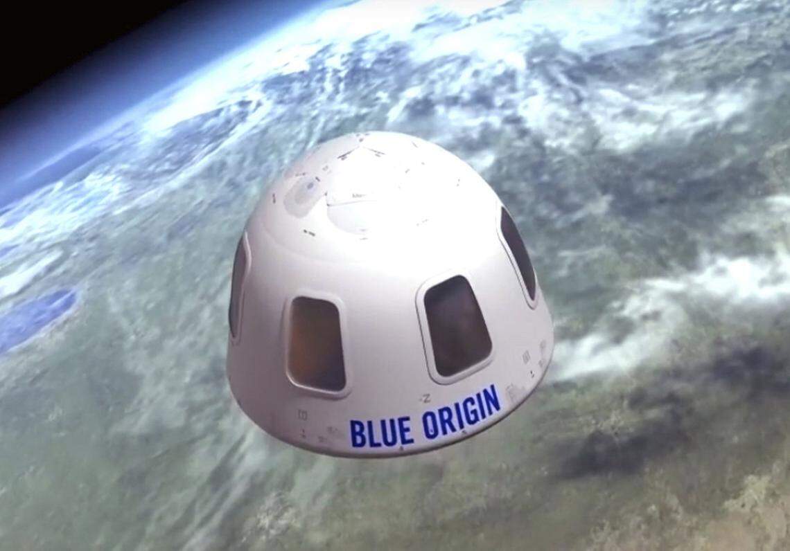This undated file illustration provided by Blue Origin shows the capsule that the company aims to take tourists into space. The price to rocket into space next month with Jeff Bezos and his brother is a cool $28 million. That was the winning bid during the live online auction on Saturday, June 12, 2021.