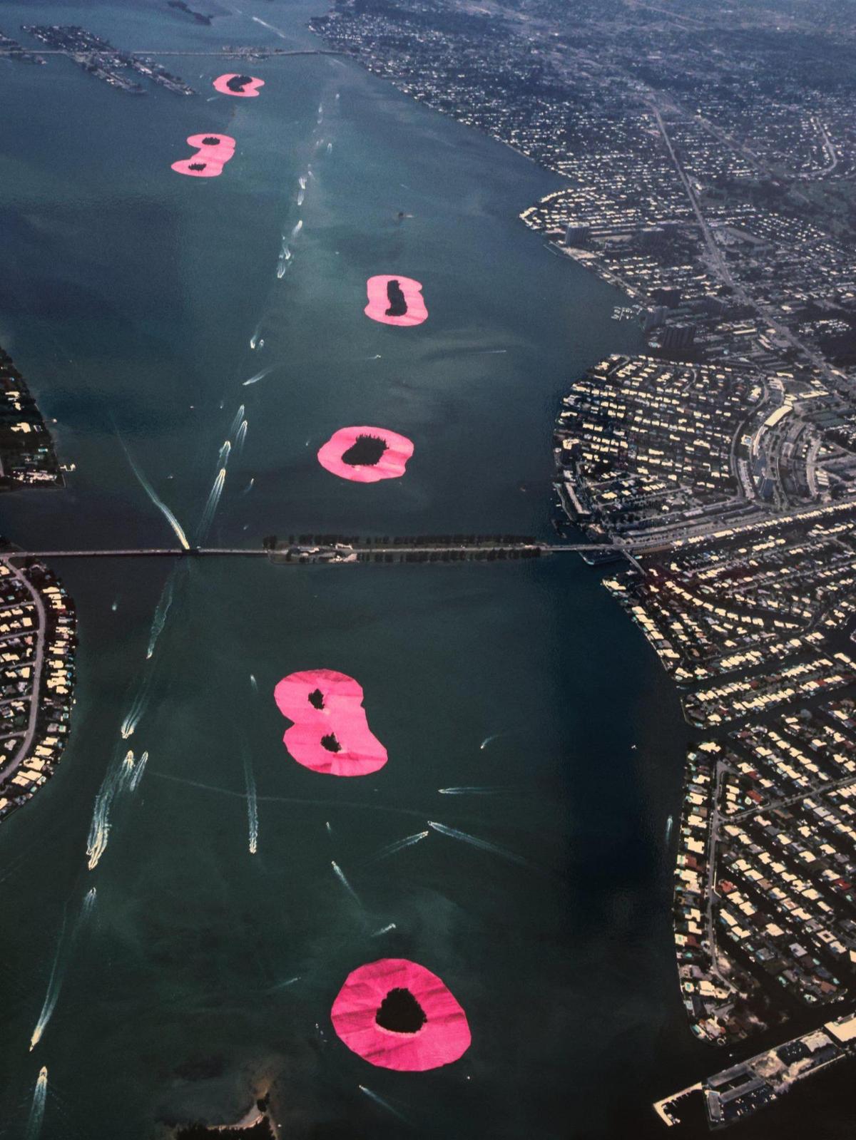 Christo and Jeanne-Claude’s 1983 conceptual art project, “Surrounded Islands,” involved surrounding eleven manmade islands in Biscayne Bay with pink fabric.