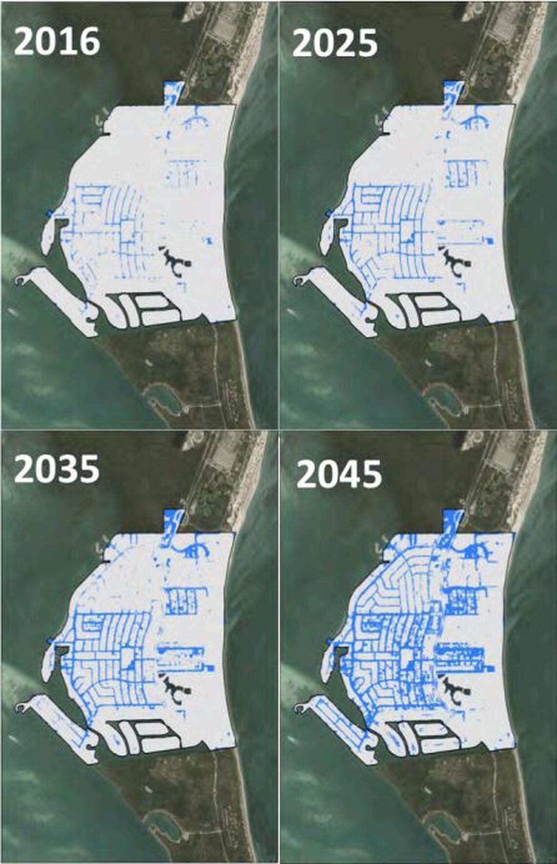 These models predict what sea level rise flooding could look like in Key Biscayne with no adaptation over the years. It uses the sea level rise ranges recommended by the South Florida Climate Compact.