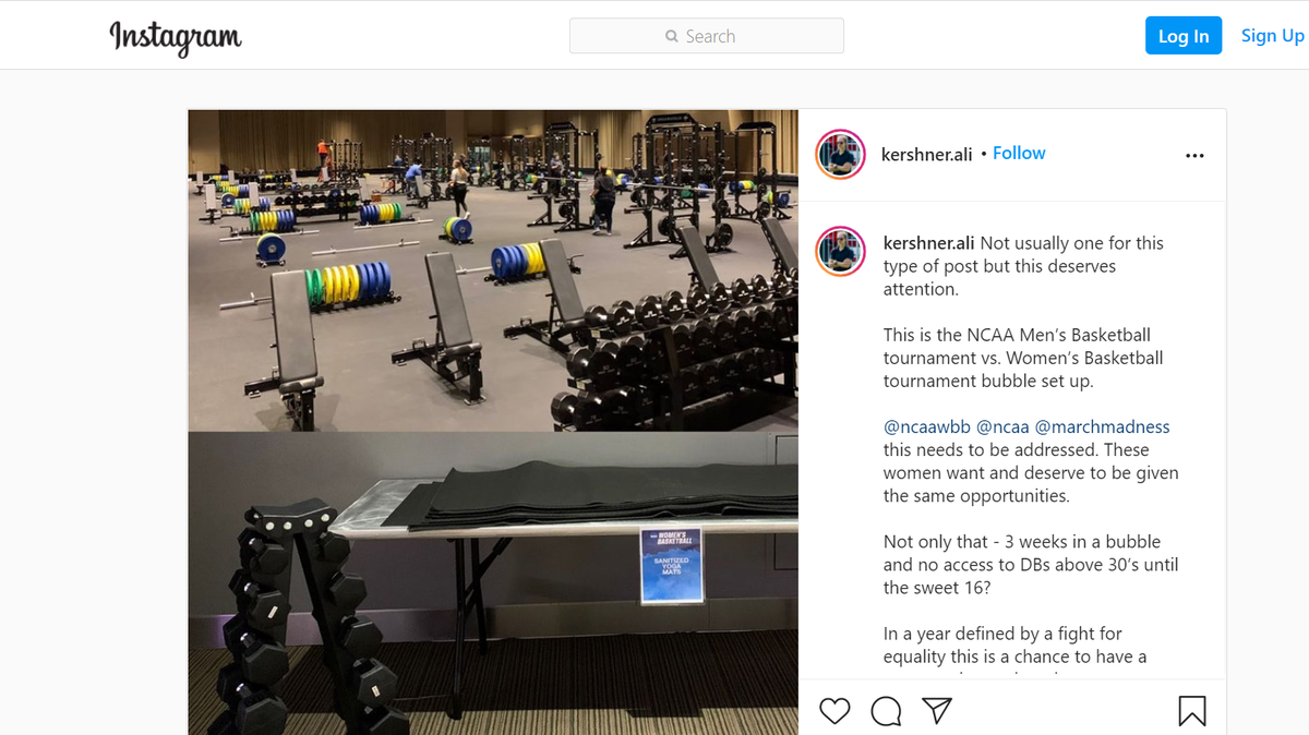Stanford sports performance coach Ali Kershner posted a the difference in workout equipment for the women and men’s NCAA basketball tournaments on her Instagram.