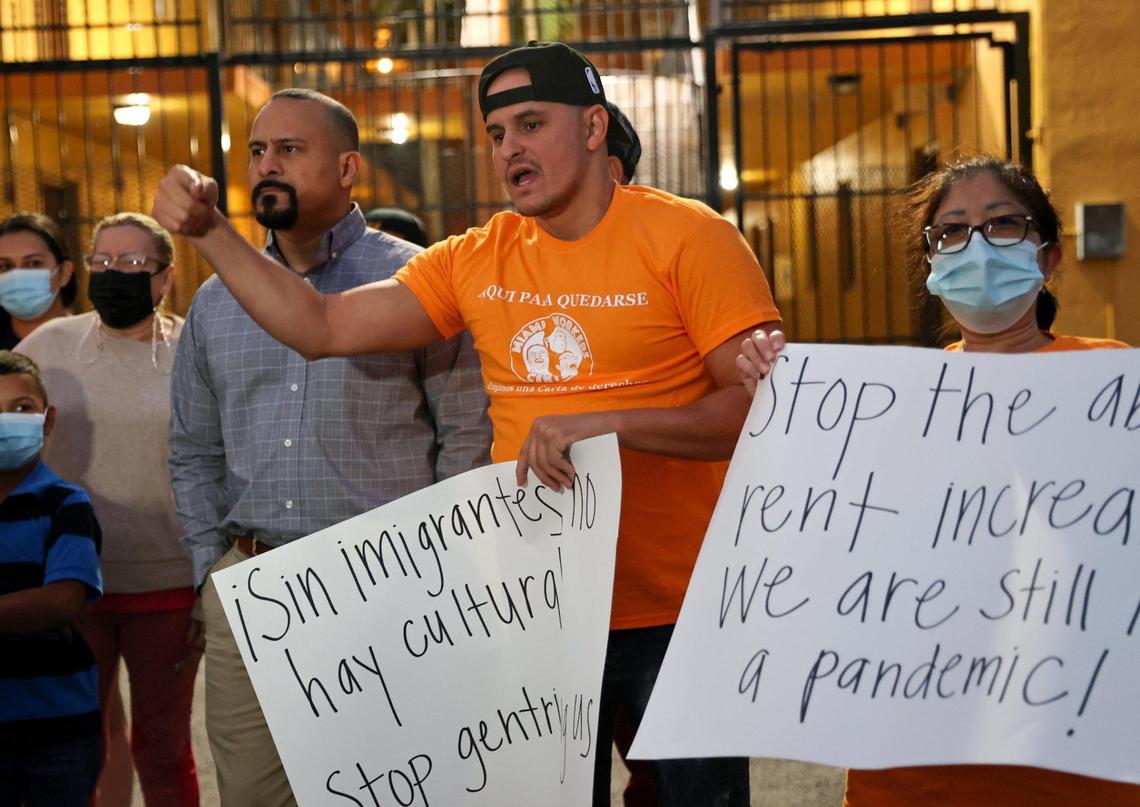 Eldis Cabezas speaks during a protest at the apartment building located at 1501 W 42nd St. in Hialeah on Wednesday, Jan. 12, 2022.