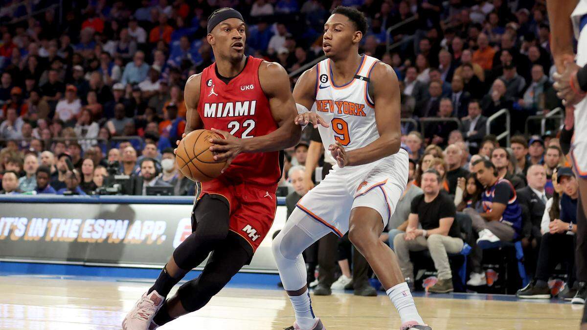 Miami Heat forward Jimmy Butler (22) drives to the basket against New York Knicks guard RJ Barrett (9) during the second quarter of Game 1 of the 2023 NBA Eastern Conference semifinal playoffs at Madison Square Garden.