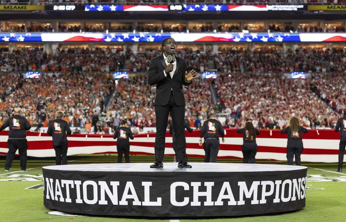 Jamal Roberts performs the National Anthem before the start of the College Football Playoff National Championship Game between the Miami Hurricanes and Indiana Hoosiers at Hard Rock Stadium on Monday, Jan. 19, 2026, in Miami Gardens, Fla.