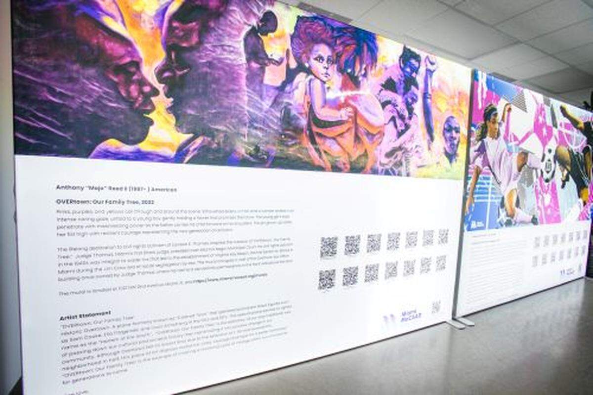 A photo of mural Overtown: Our Family Tree by Anthony “Mojo” Reed II. The mural honors Judge Lawson E. Thomas and early civil rights leadership. Reed will give a talk about the mural in Miami Gardens on Saturday.